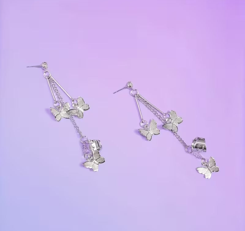 Pair of 2 Silver Plated Butterfly Ear Cuff Earrings | Long Chain Ear Cuffs for Women & Girls