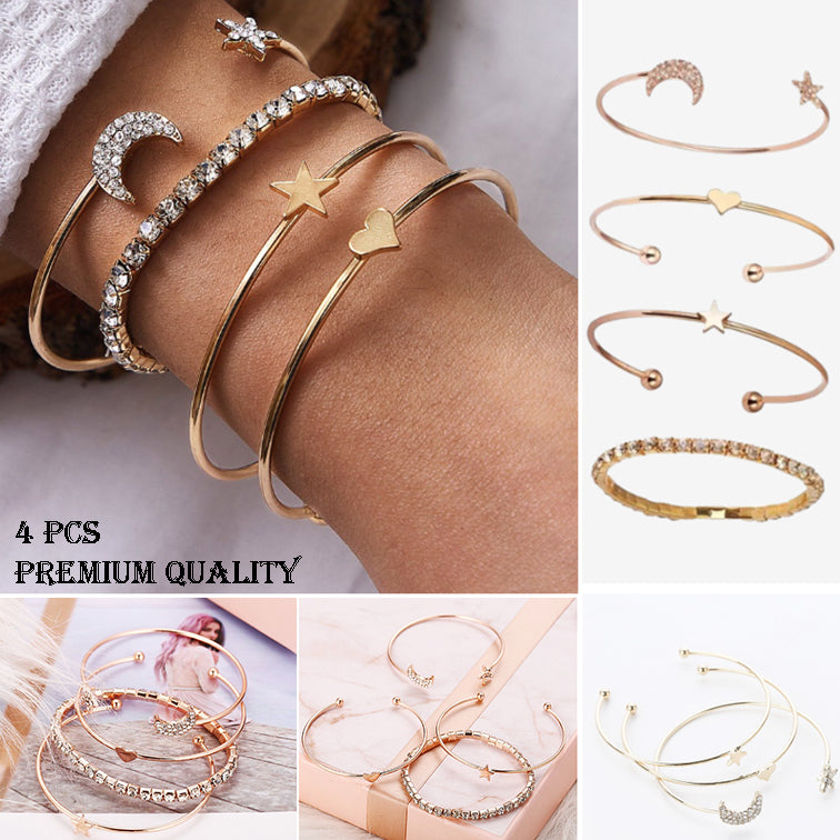 4-Piece Star & Moon Crystal Bracelet Set for Women – Delicate Open Bangle Charm Jewelry