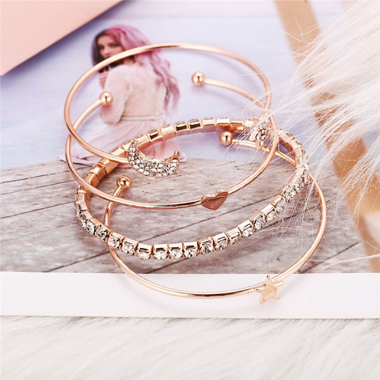 4-Piece Star & Moon Crystal Bracelet Set for Women – Delicate Open Bangle Charm Jewelry