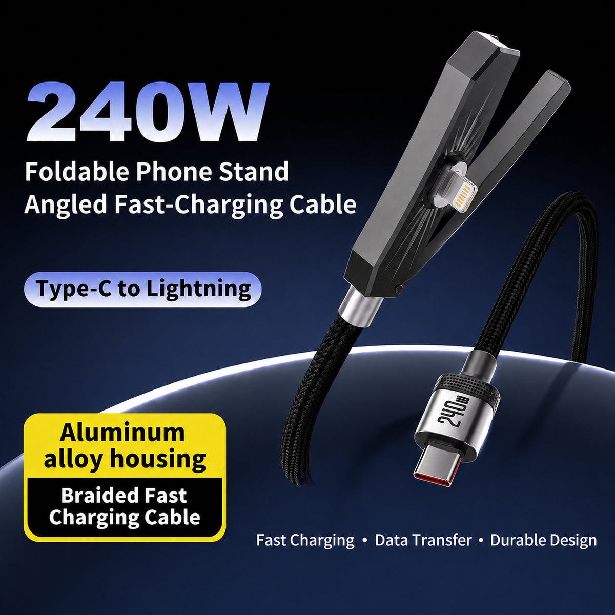 2-in-1 240W Type-C to Type-C Fast Charging Cable with Foldable Phone Stand | Nylon Braided USB-C Cable for Phone, Tablet & Laptop