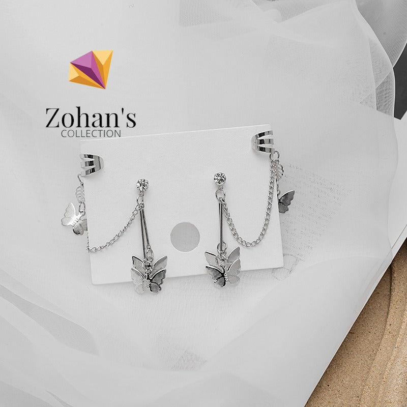 Pair of 2 Silver Plated Butterfly Ear Cuff Earrings | Long Chain Ear Cuffs for Women & Girls