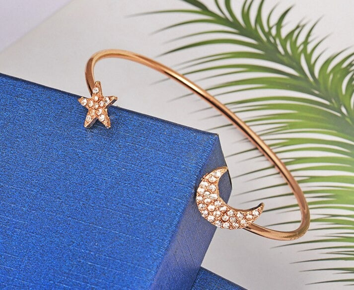 4-Piece Star & Moon Crystal Bracelet Set for Women – Delicate Open Bangle Charm Jewelry