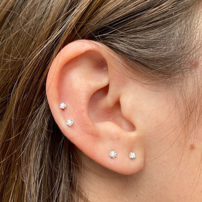 2mm Tiny Natural Diamond Stud Earrings | 14K White Gold Plated Silver | Minimalist Small Stud Earrings
