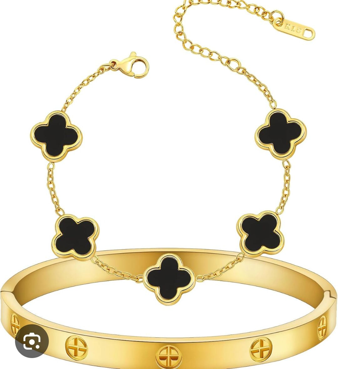 2-Piece Stainless Steel Bracelet Set for Women – Clover & Bangle Design | Modern Fashion Jewelry