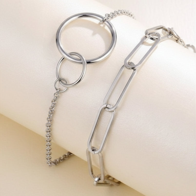 2-Piece Vintage Bohemian Chain Bracelet Set for Women & Girls – Chunky Double Ring Pendant Fashion Jewelry