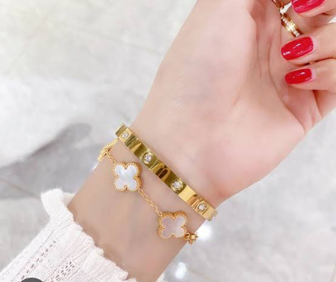 2-Piece Stainless Steel Bracelet Set for Women – Clover & Bangle Design | Modern Fashion Jewelry